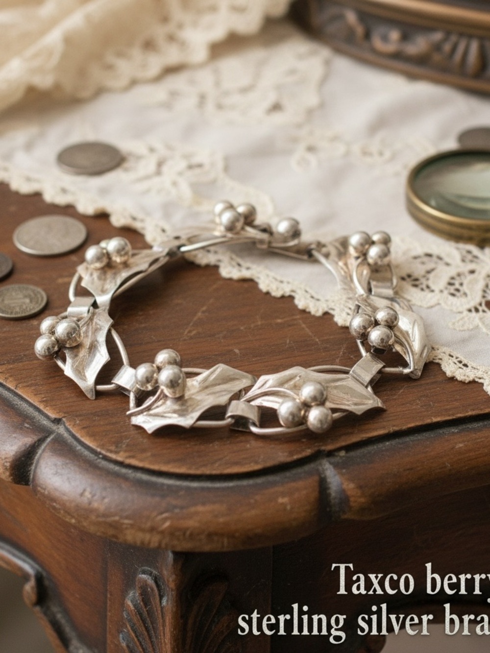 Taxco Sterling Silver Holly Berry Bracelet - Silver stamped